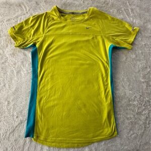 Nike Running Dri-FIT Shirt Womens Small Neon Yellow Teal Blue Mesh Training Top